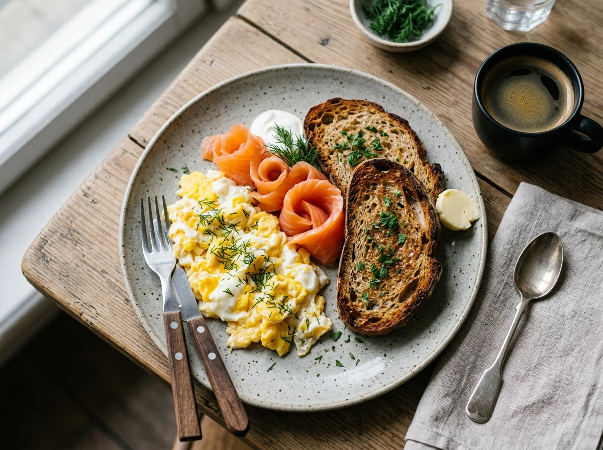 Завтрак с яичницей, хлебом и лососем photo