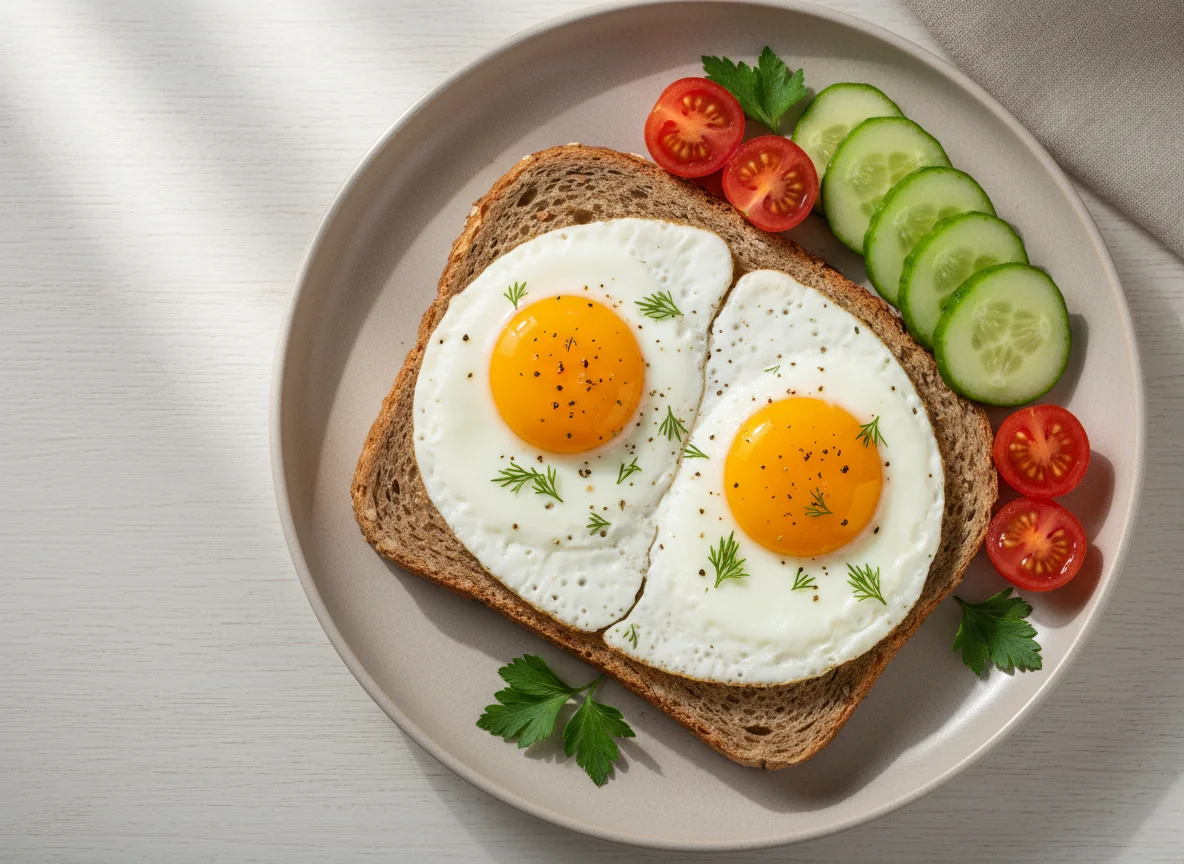 Завтрак с яичницей, хлебом и овощами photo