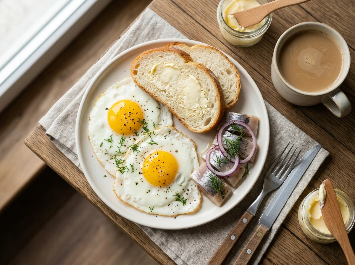 Завтрак с яичницей, хлебом и сельдью photo