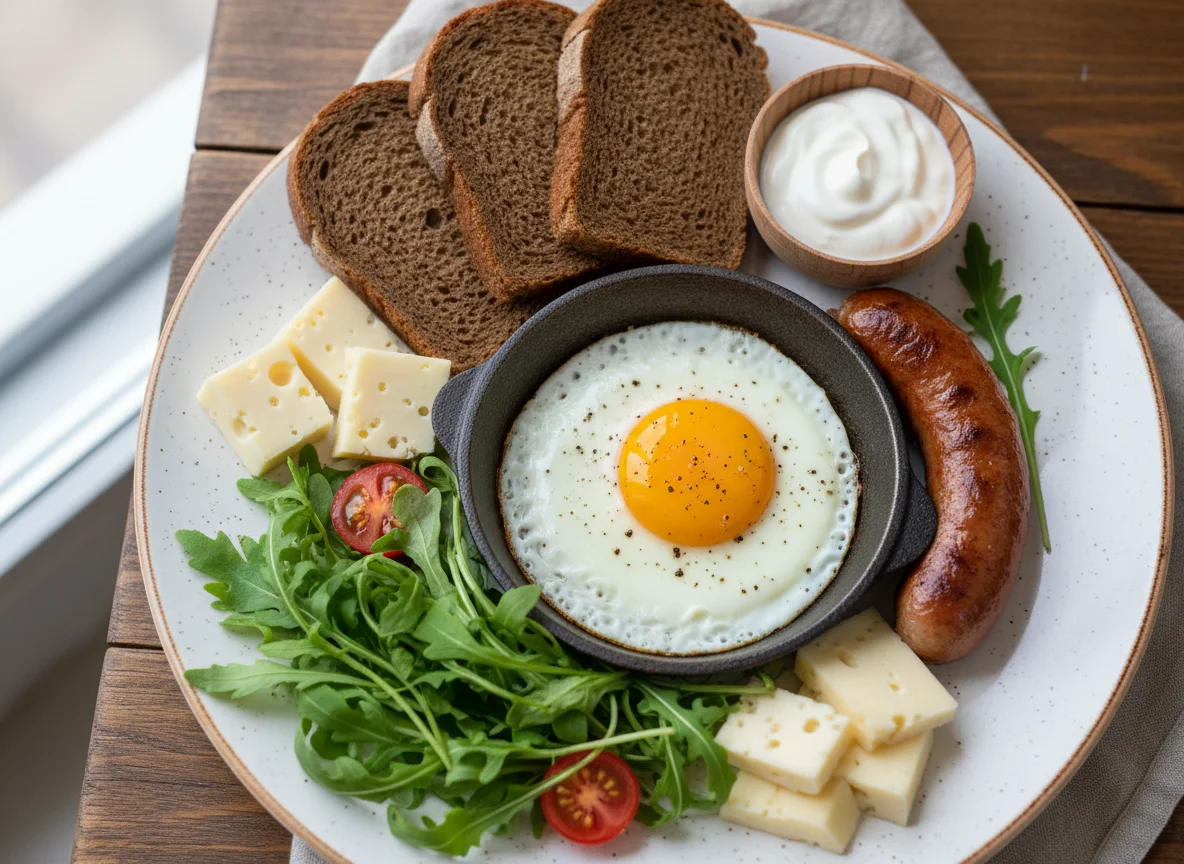 Завтрак с яичницей, хлебом и сыром photo