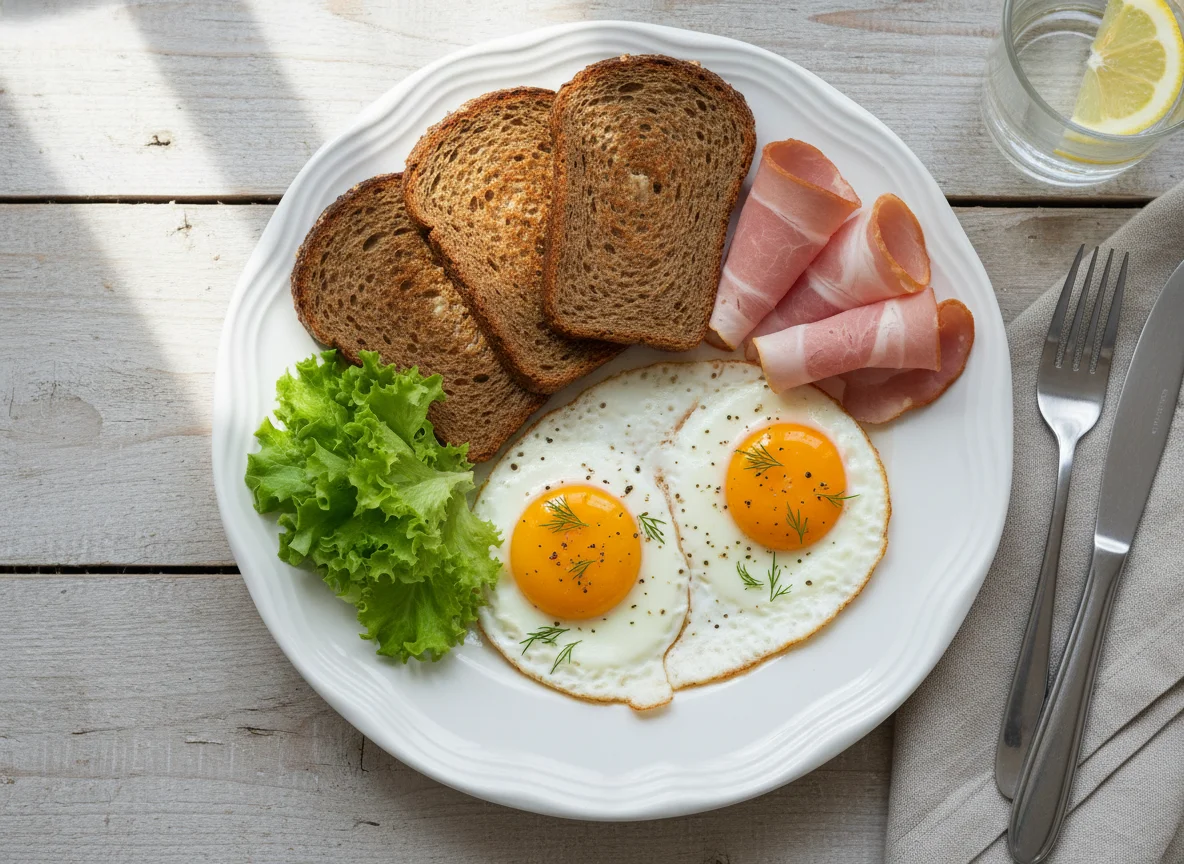 Завтрак с яичницей, хлебом и ветчиной photo