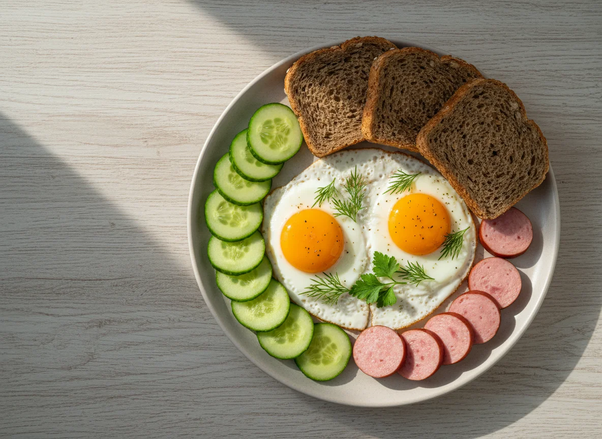 Завтрак с яичницей, хлебом, огурцами и колбасой photo