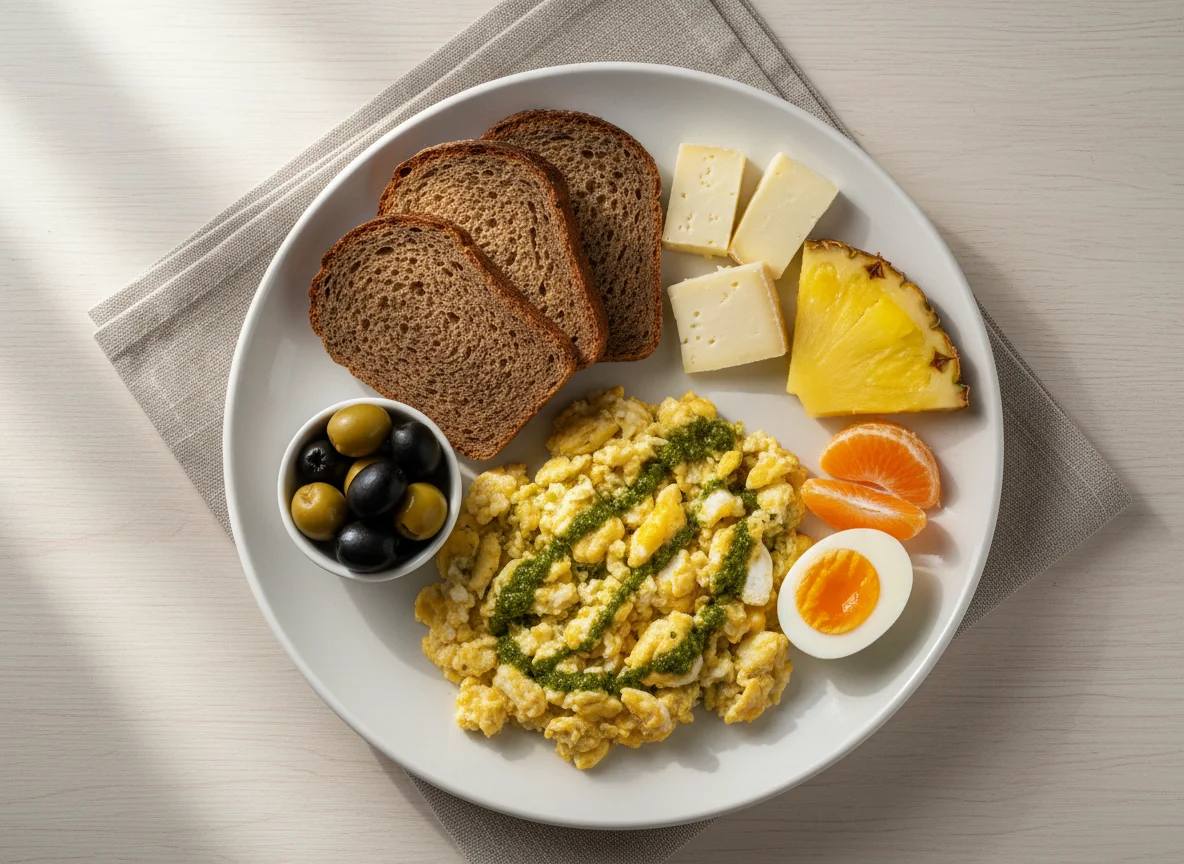 Завтрак с яичницей, хлебом, сыром и фруктами photo