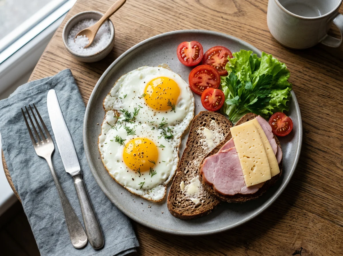 Завтрак с яичницей, хлебом, сыром и ветчиной photo