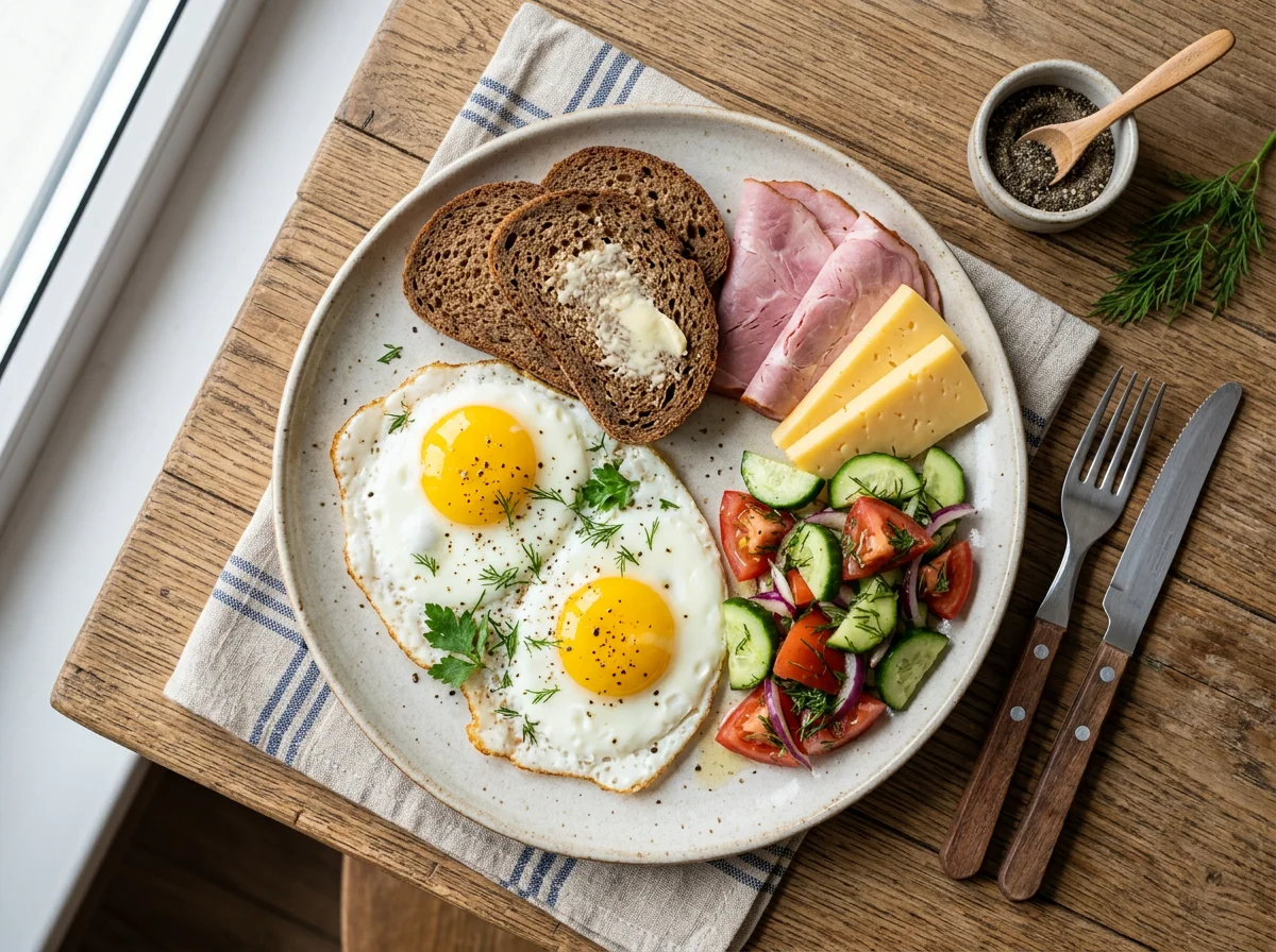 Завтрак с яичницей, хлебом, сыром, ветчиной и салатом photo