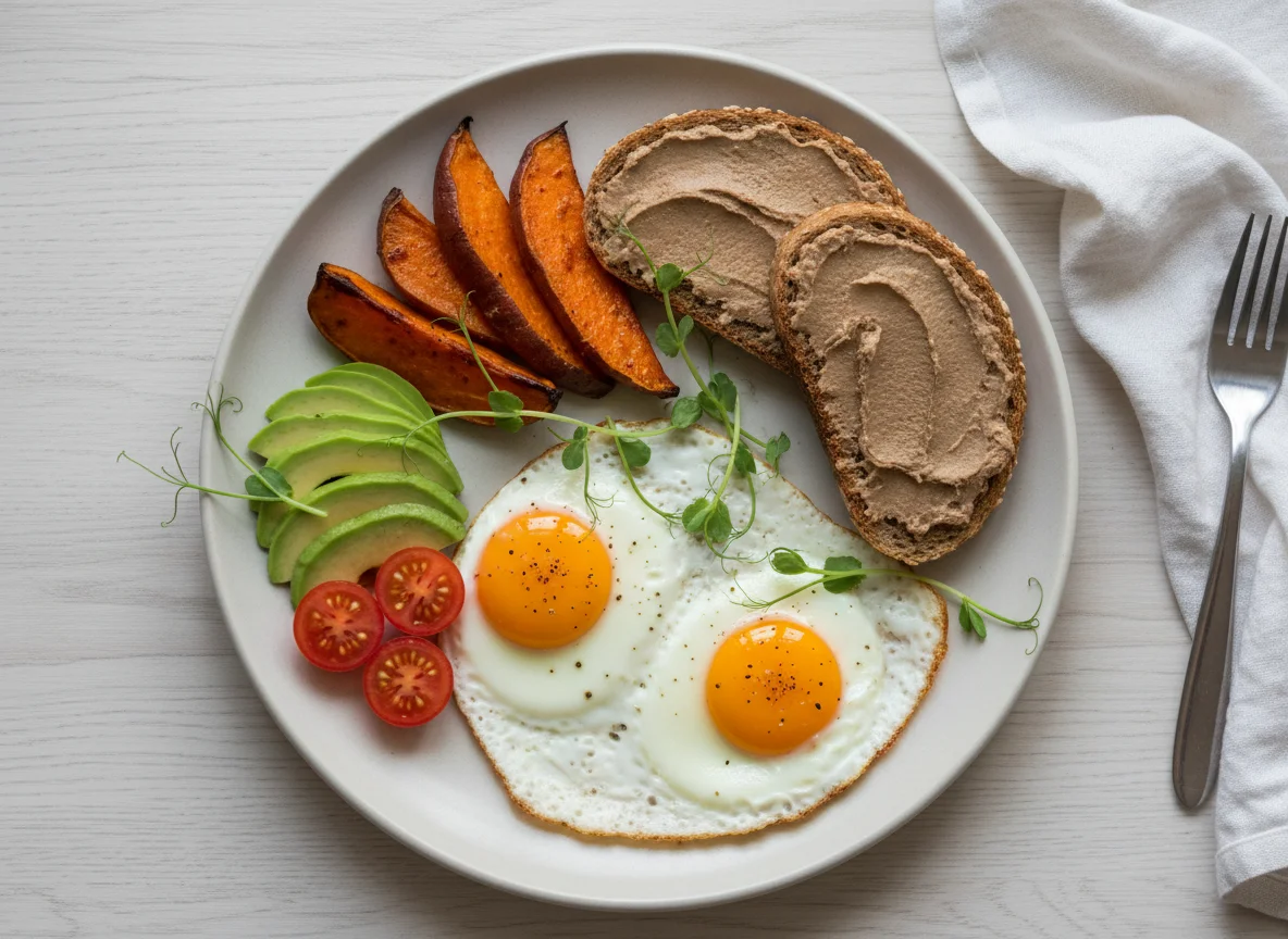 Завтрак с яичницей и бататом photo