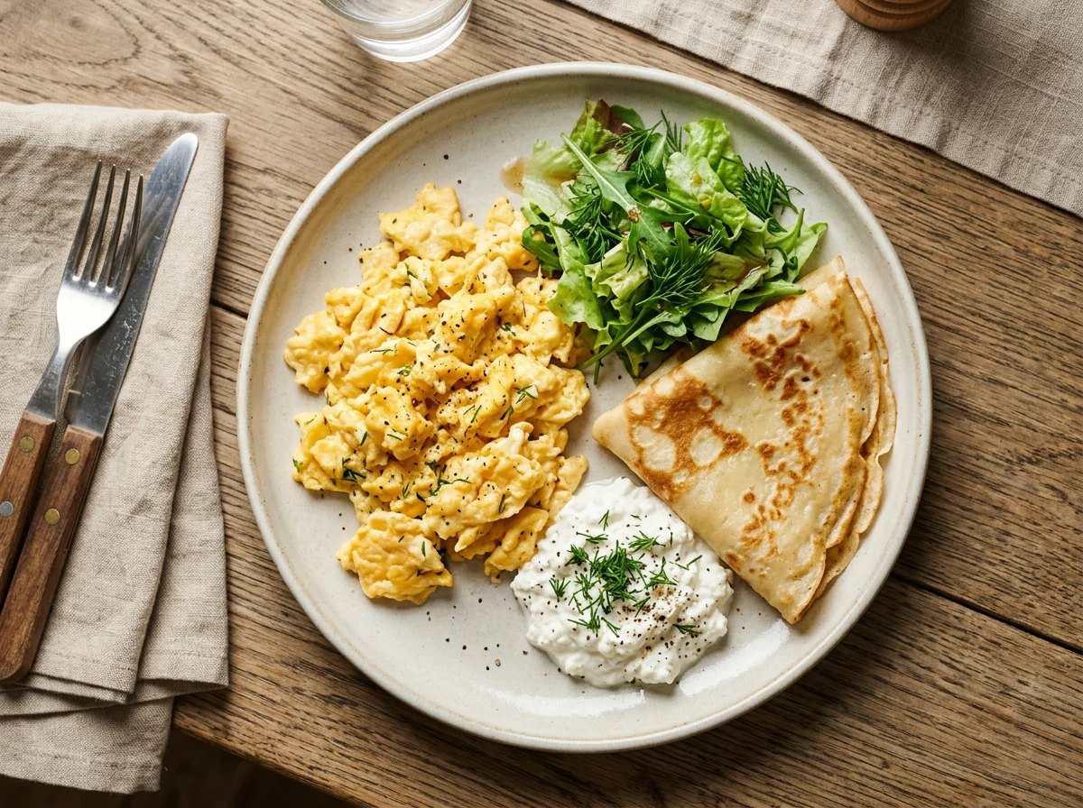 Завтрак с яичницей и блинчиком photo