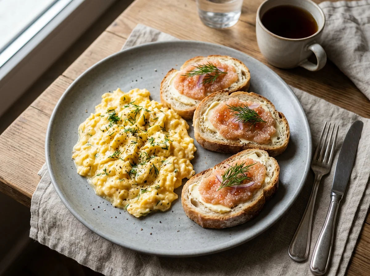 Завтрак с яичницей и бутербродами с икрой photo