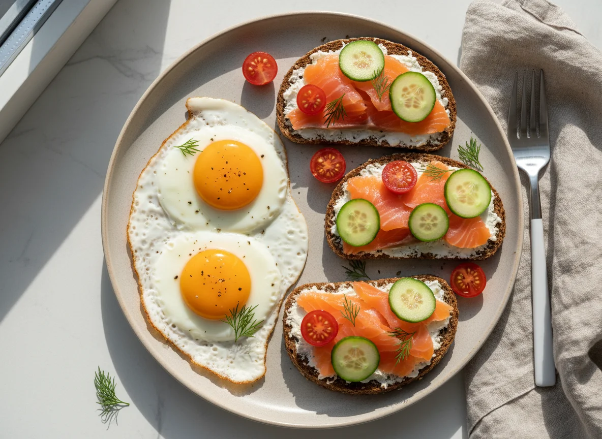 Завтрак с яичницей и бутербродами с лососем photo
