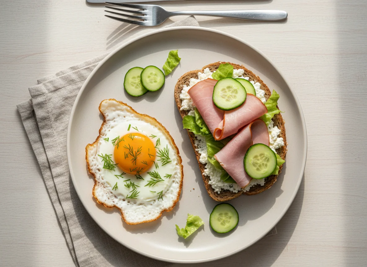 Завтрак с яичницей и бутербродом photo
