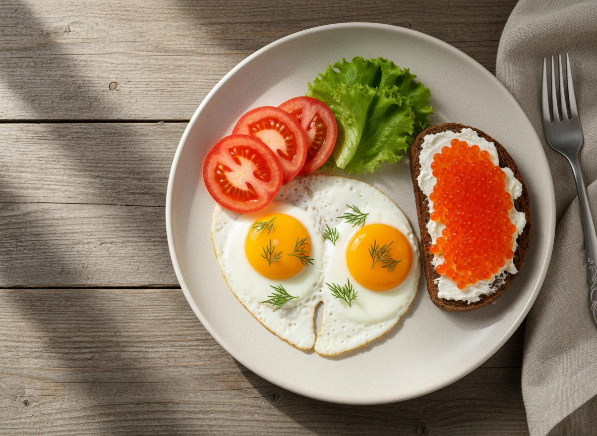 Завтрак с яичницей и бутербродом с икрой photo