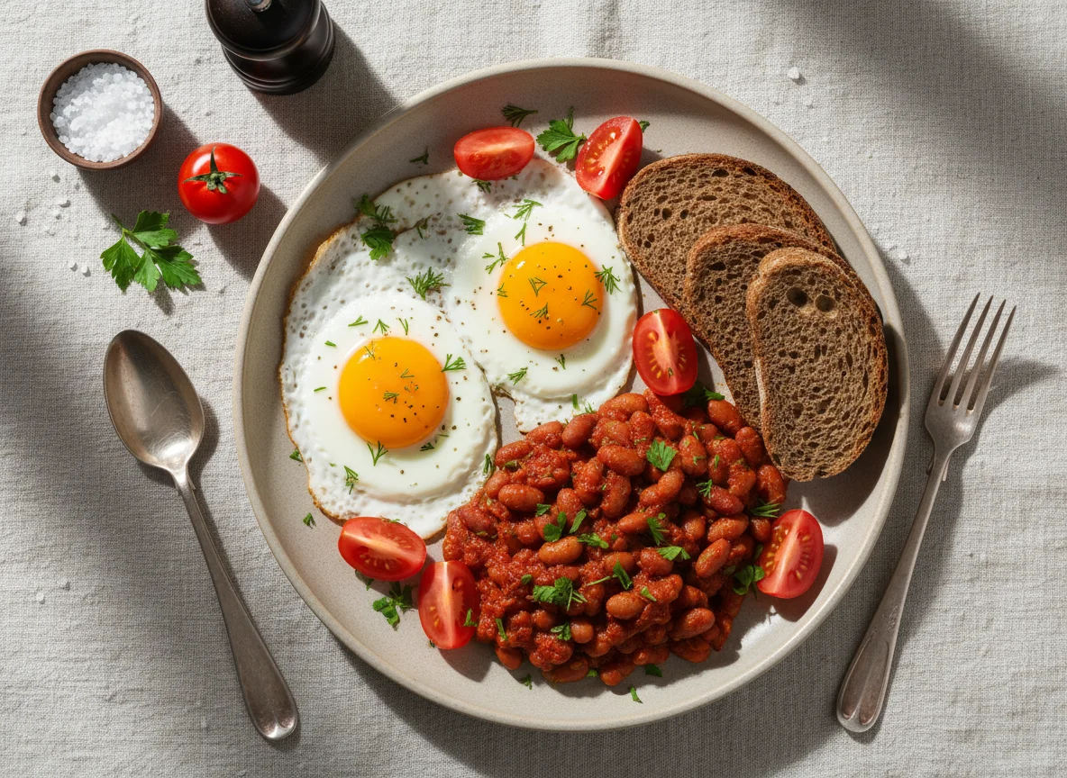 Завтрак с яичницей и фасолью photo