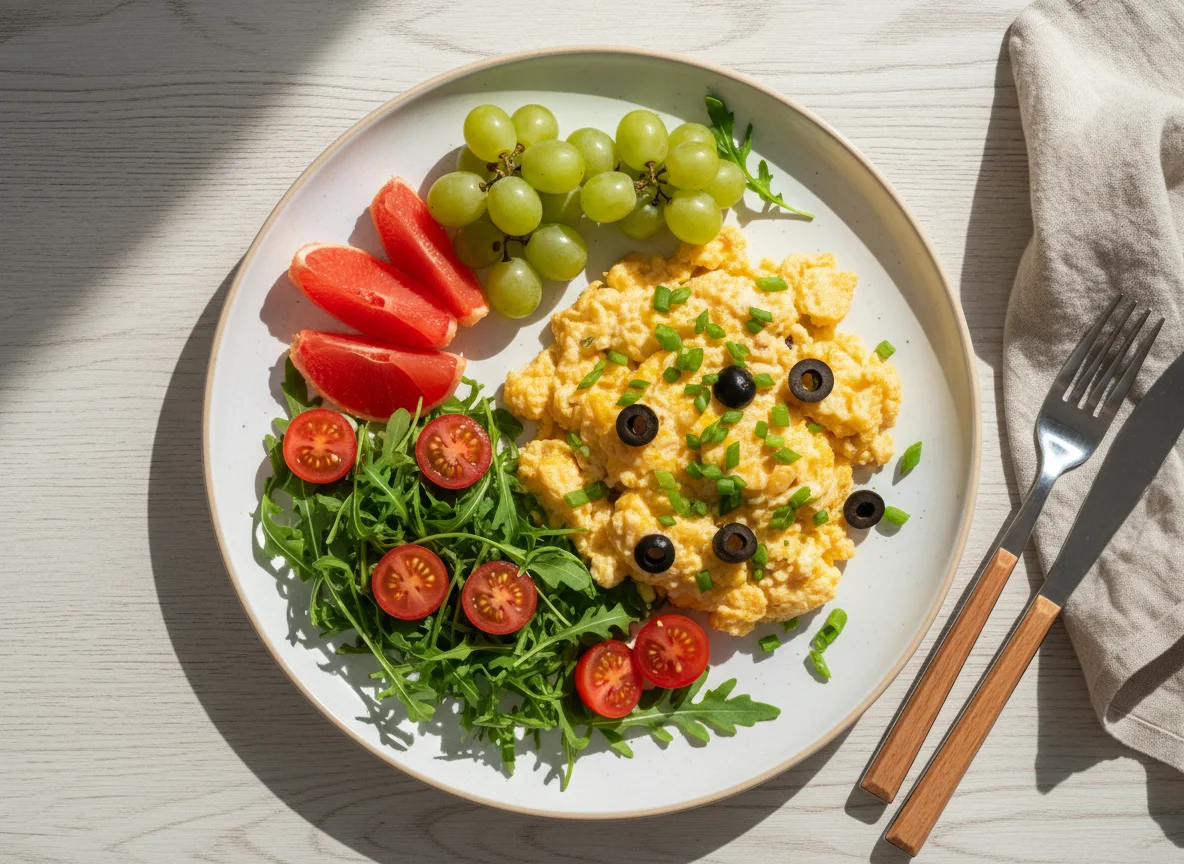 Завтрак с яичницей и фруктами photo