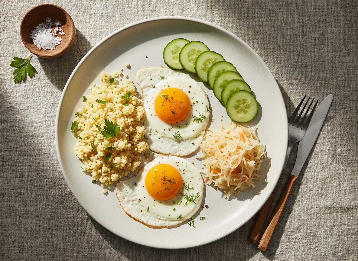 Завтрак с яичницей и гарнирами photo