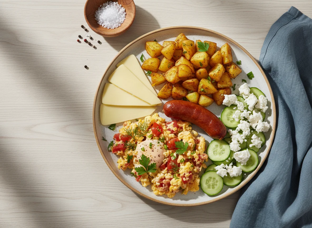 Завтрак с яичницей и гарниром photo