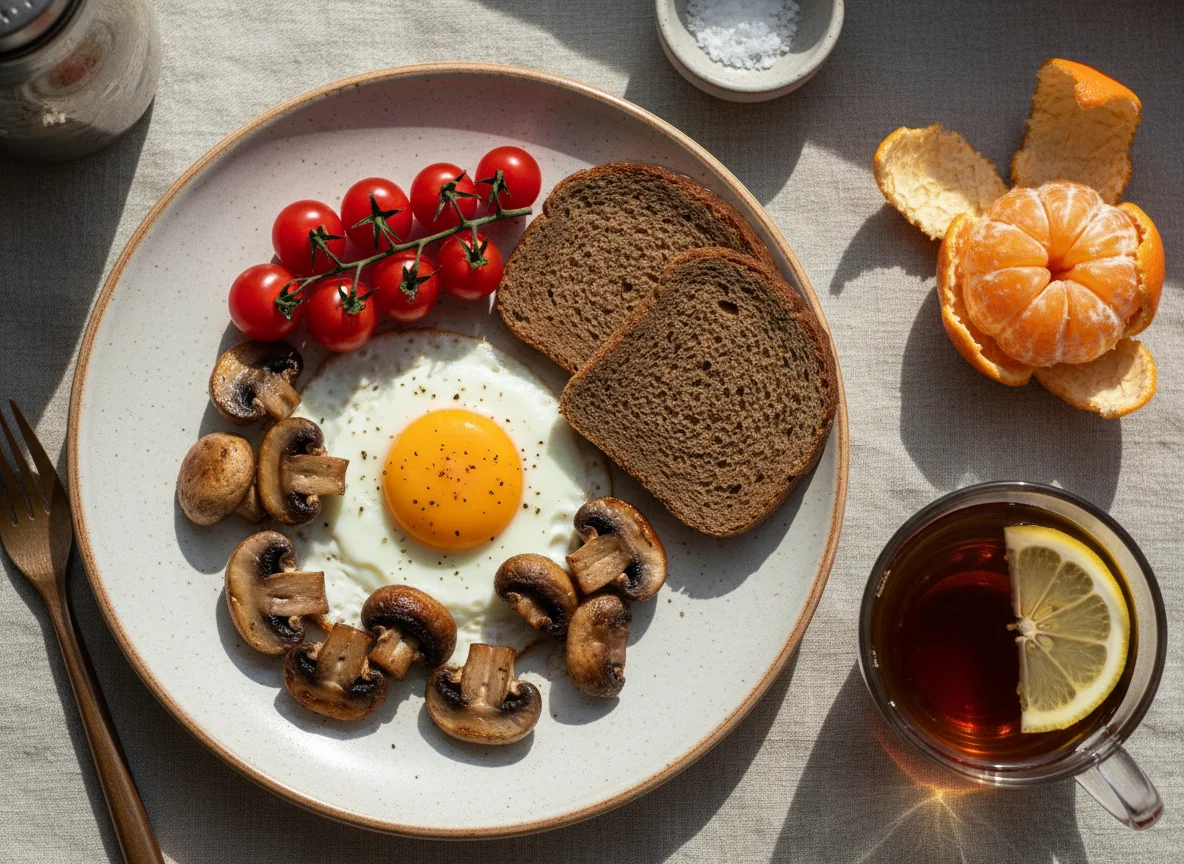 Завтрак с яичницей и грибами photo