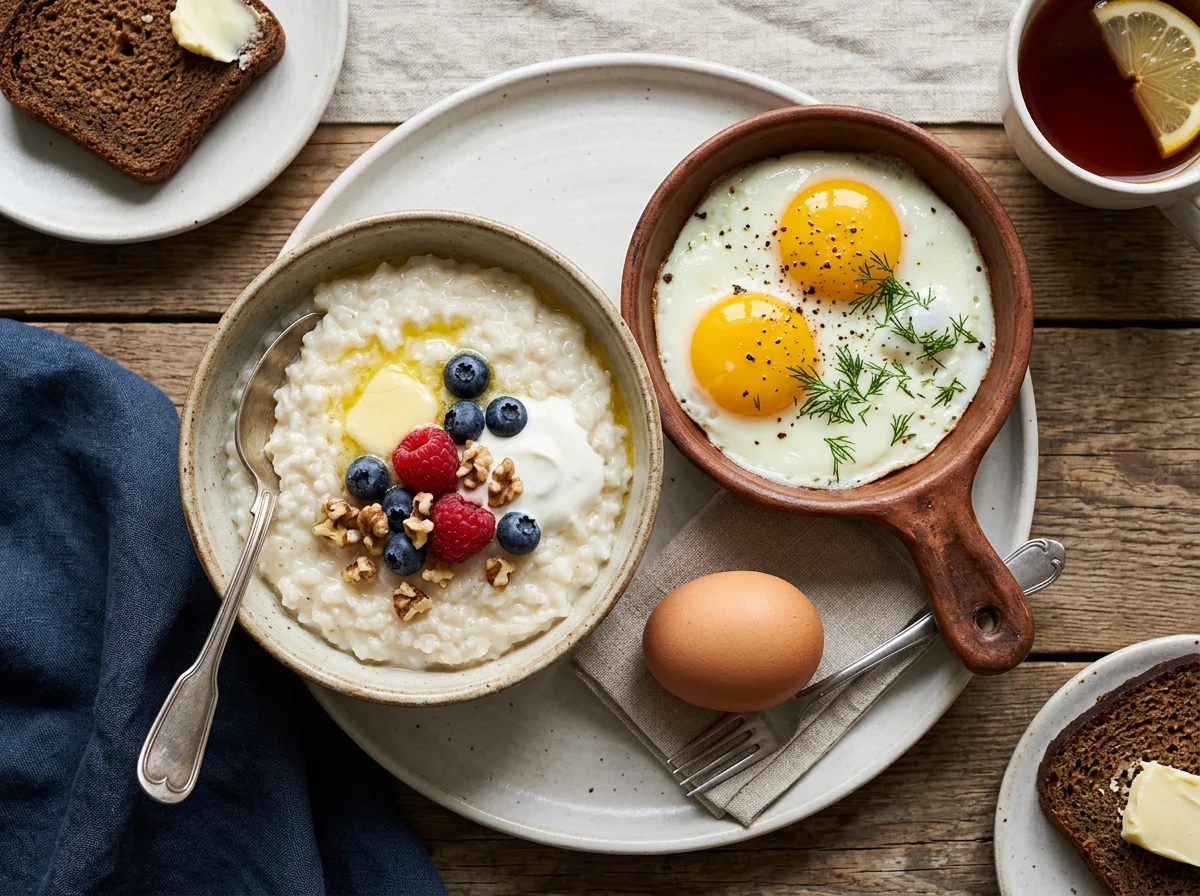 Завтрак с яичницей и кашей photo