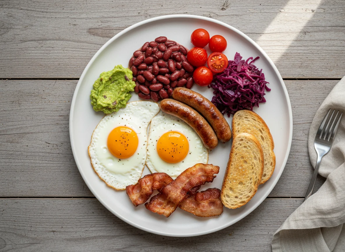Завтрак с яичницей и колбасками photo
