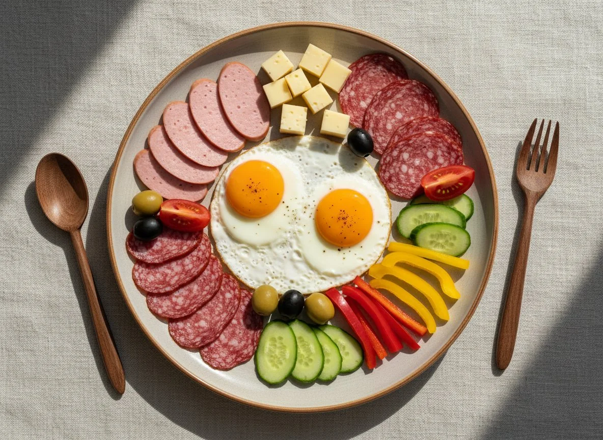 Завтрак с яичницей и колбасными изделиями photo