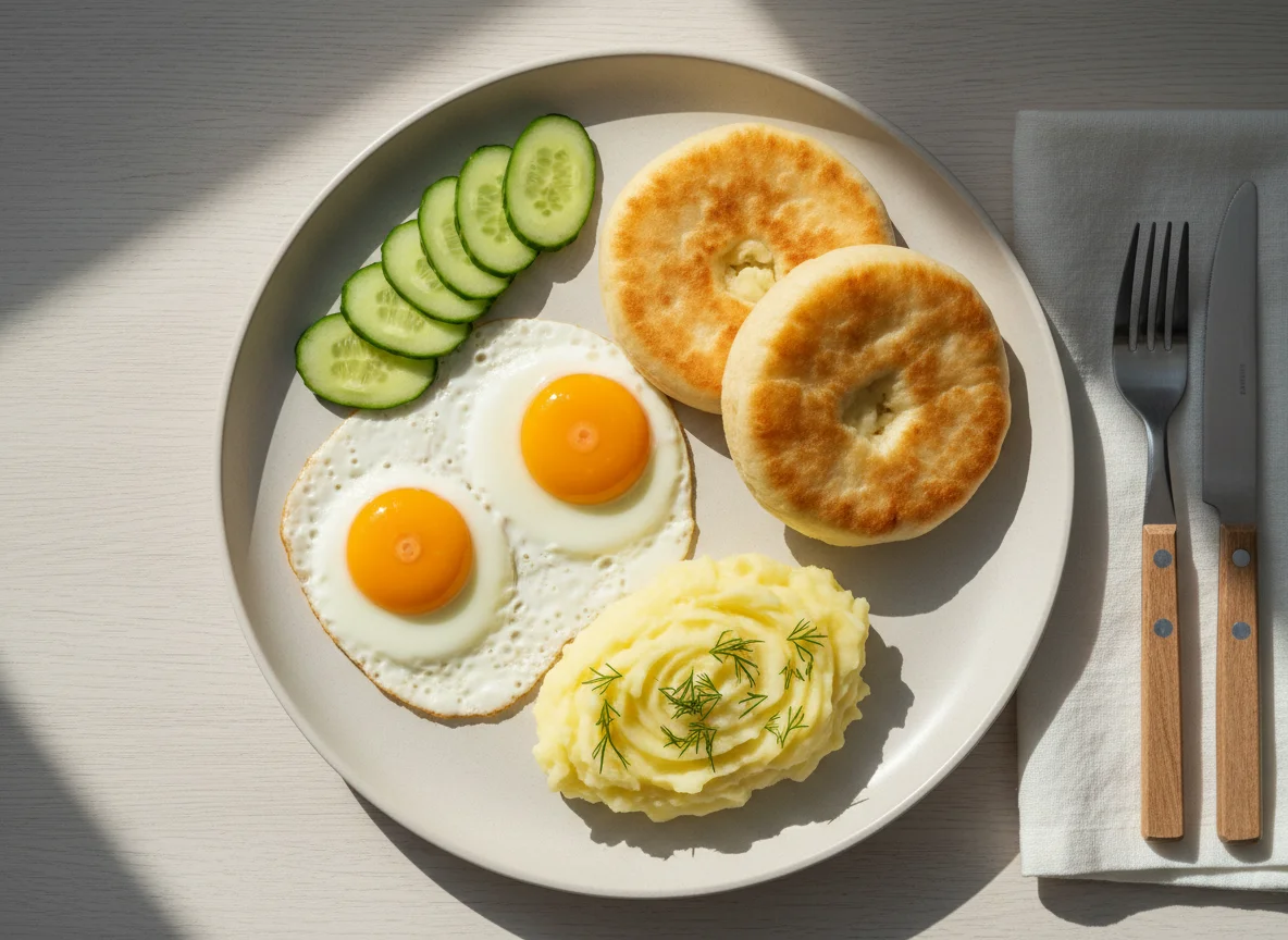 Завтрак с яичницей и лепешками photo