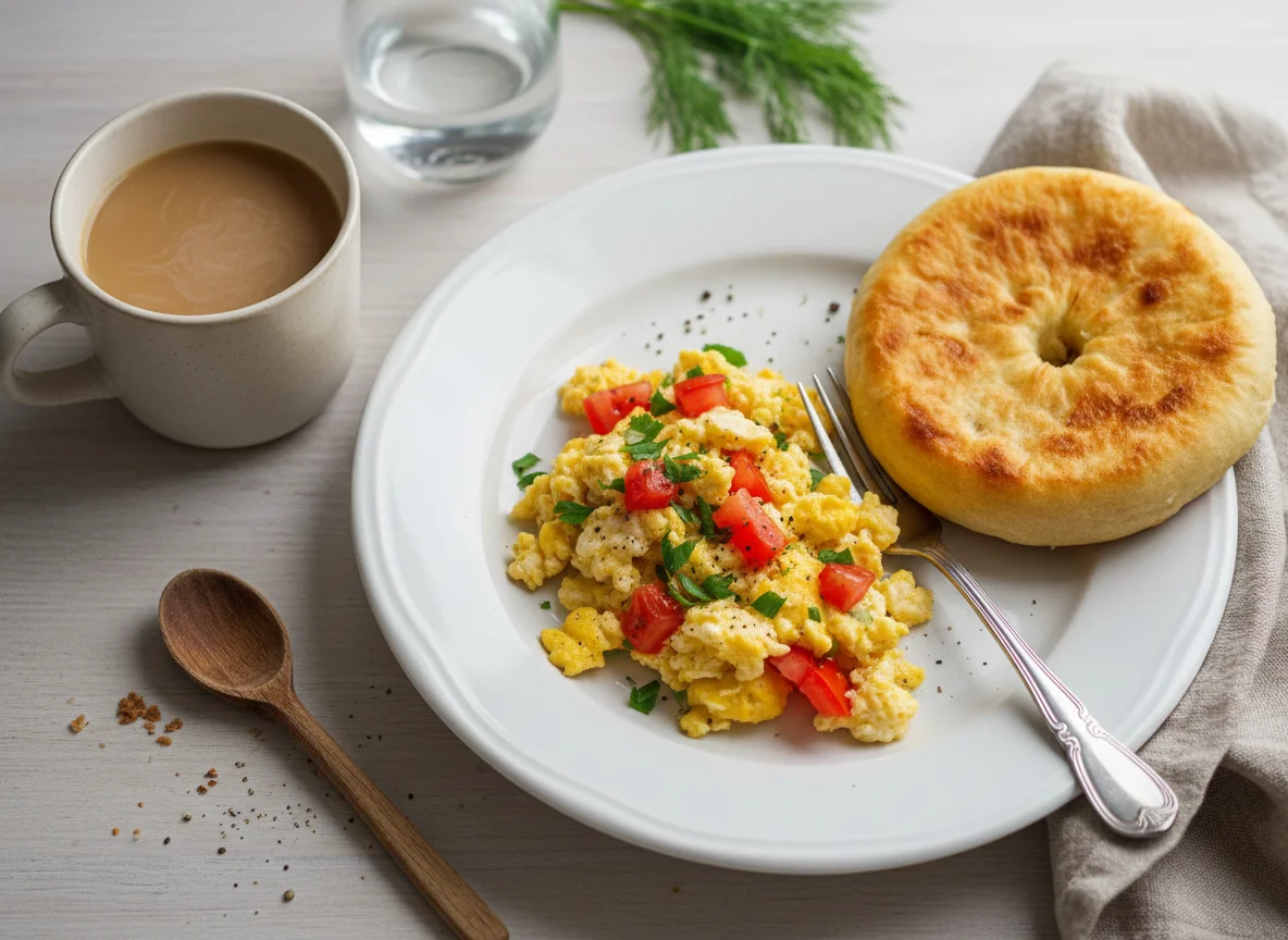 Завтрак с яичницей и лепешкой photo