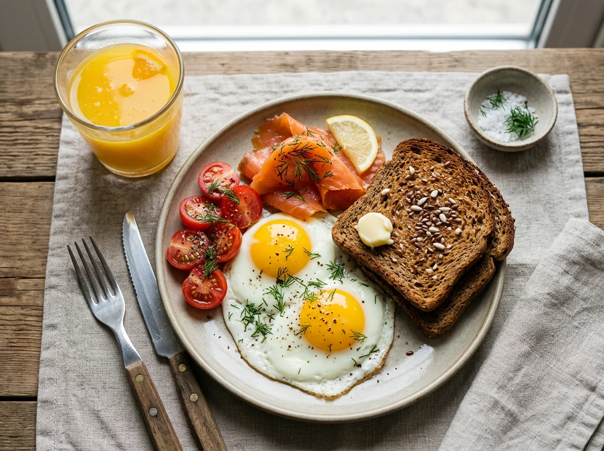 Завтрак с яичницей и лососем photo