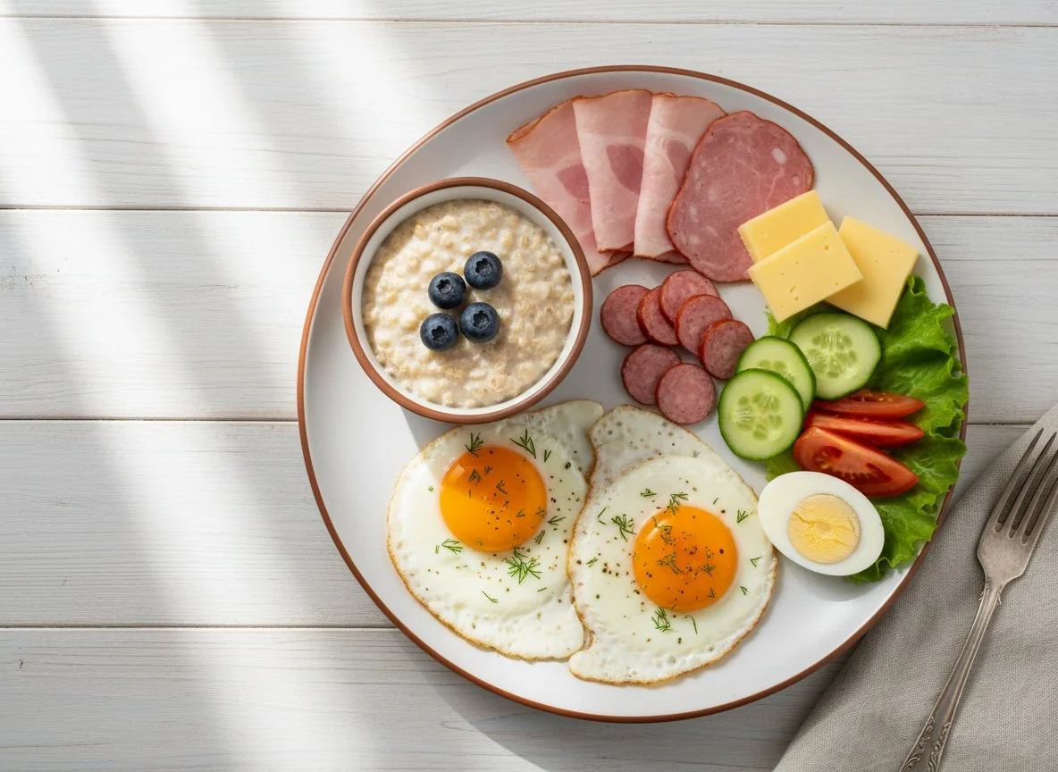 Завтрак с яичницей и мясной нарезкой photo