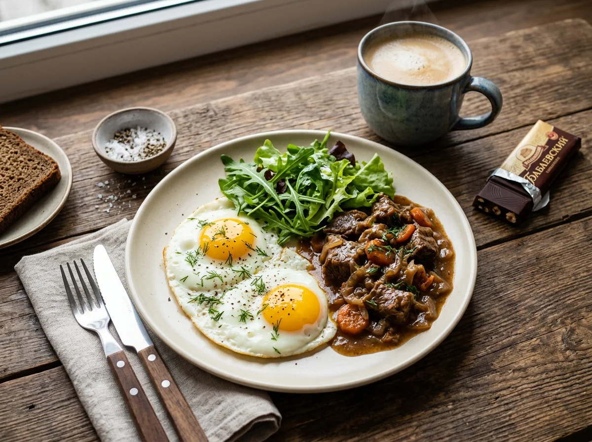 Завтрак с яичницей и мясом photo