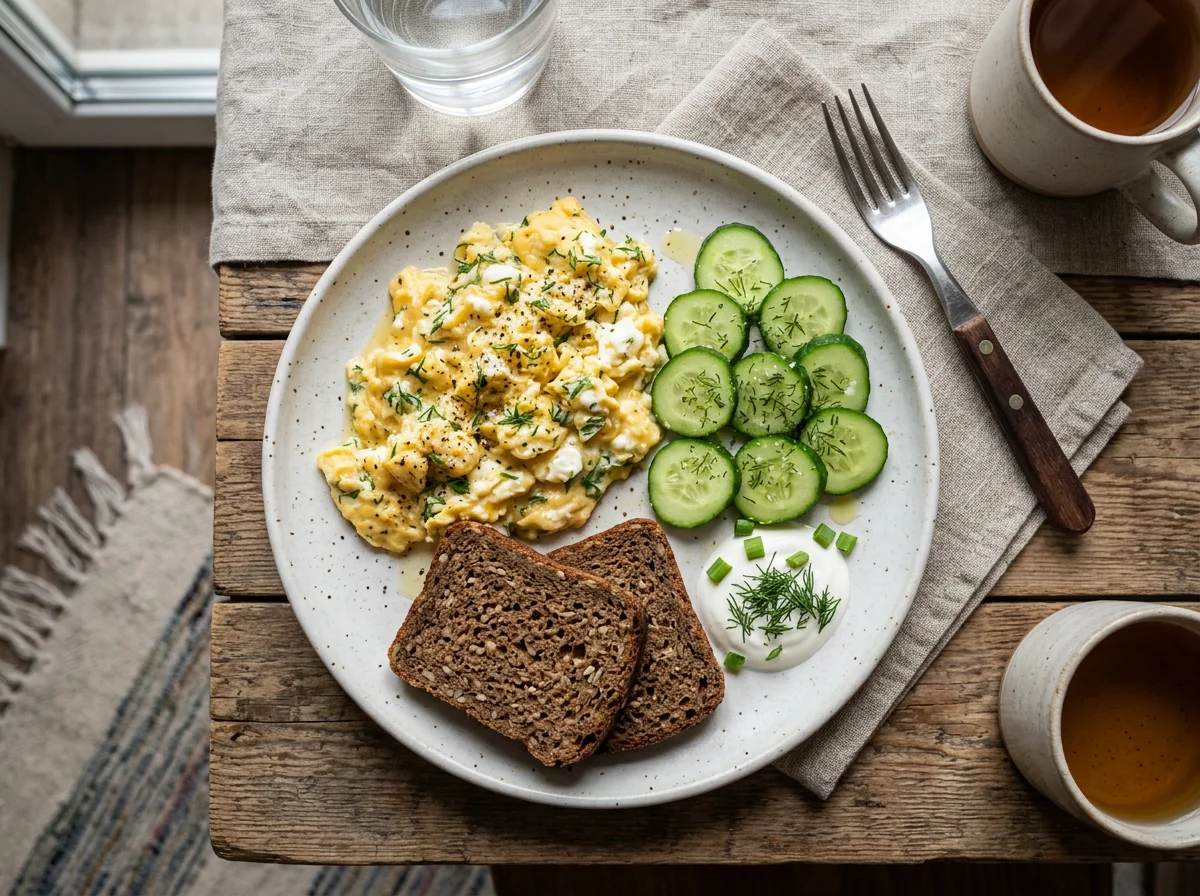 Завтрак с яичницей и огурцами photo