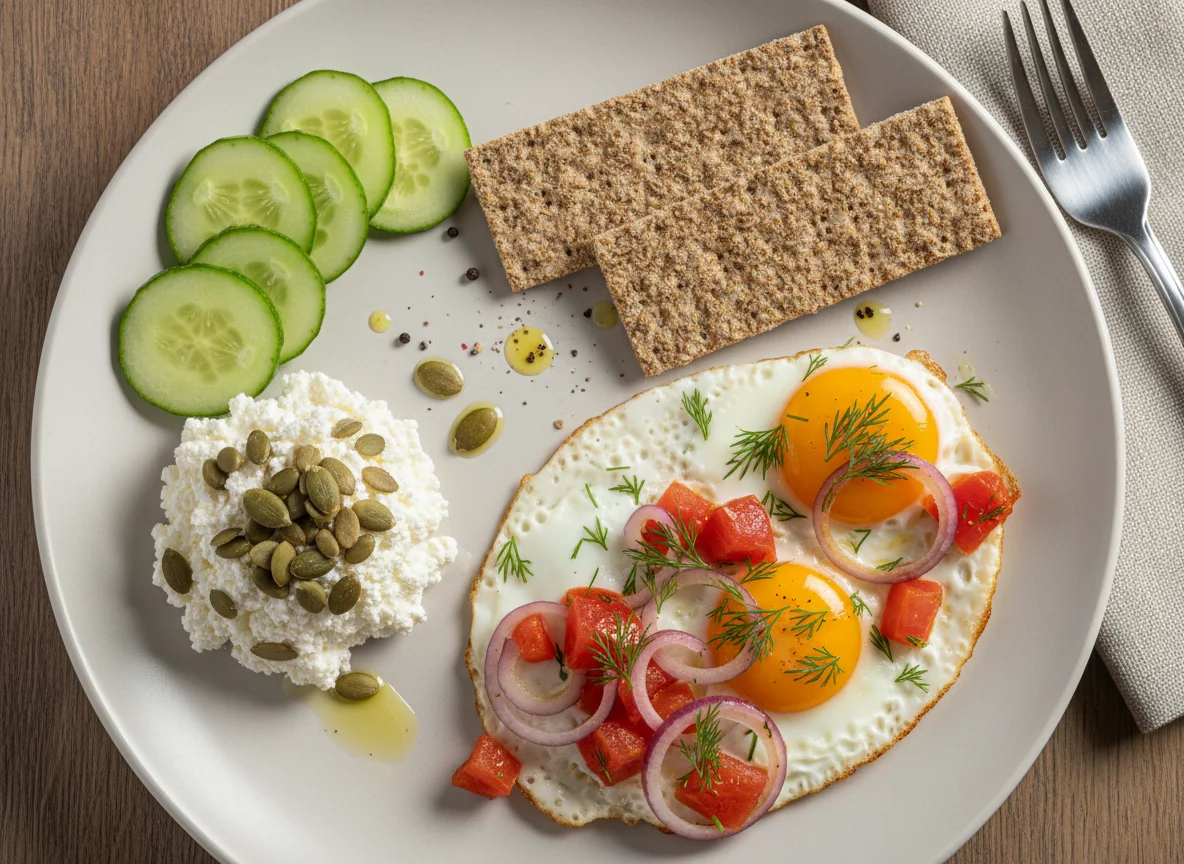 Завтрак с яичницей и огурцом photo