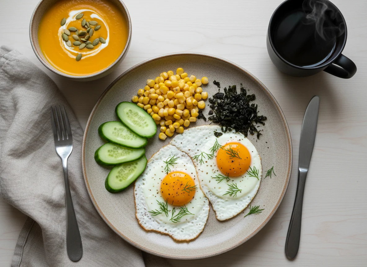 Завтрак с яичницей и овощами photo