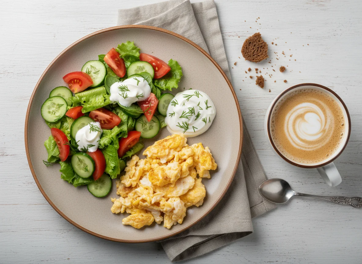 Завтрак с яичницей и овощным салатом photo