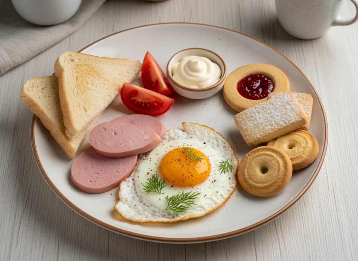 Завтрак с яичницей и печеньем photo
