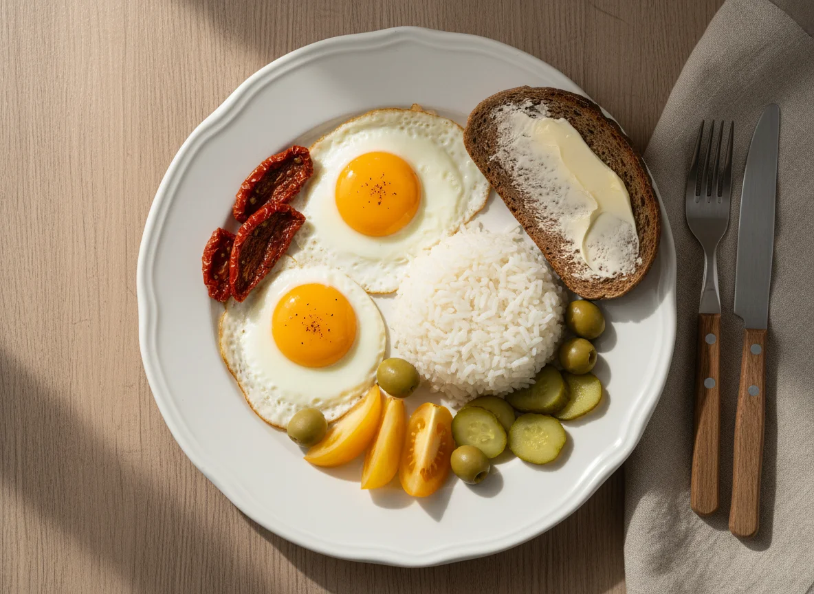 Завтрак с яичницей и рисом photo