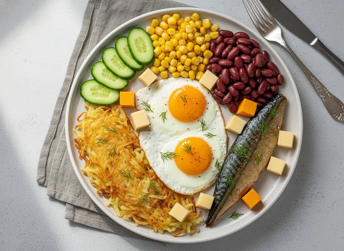 Завтрак с яичницей и рыбой photo