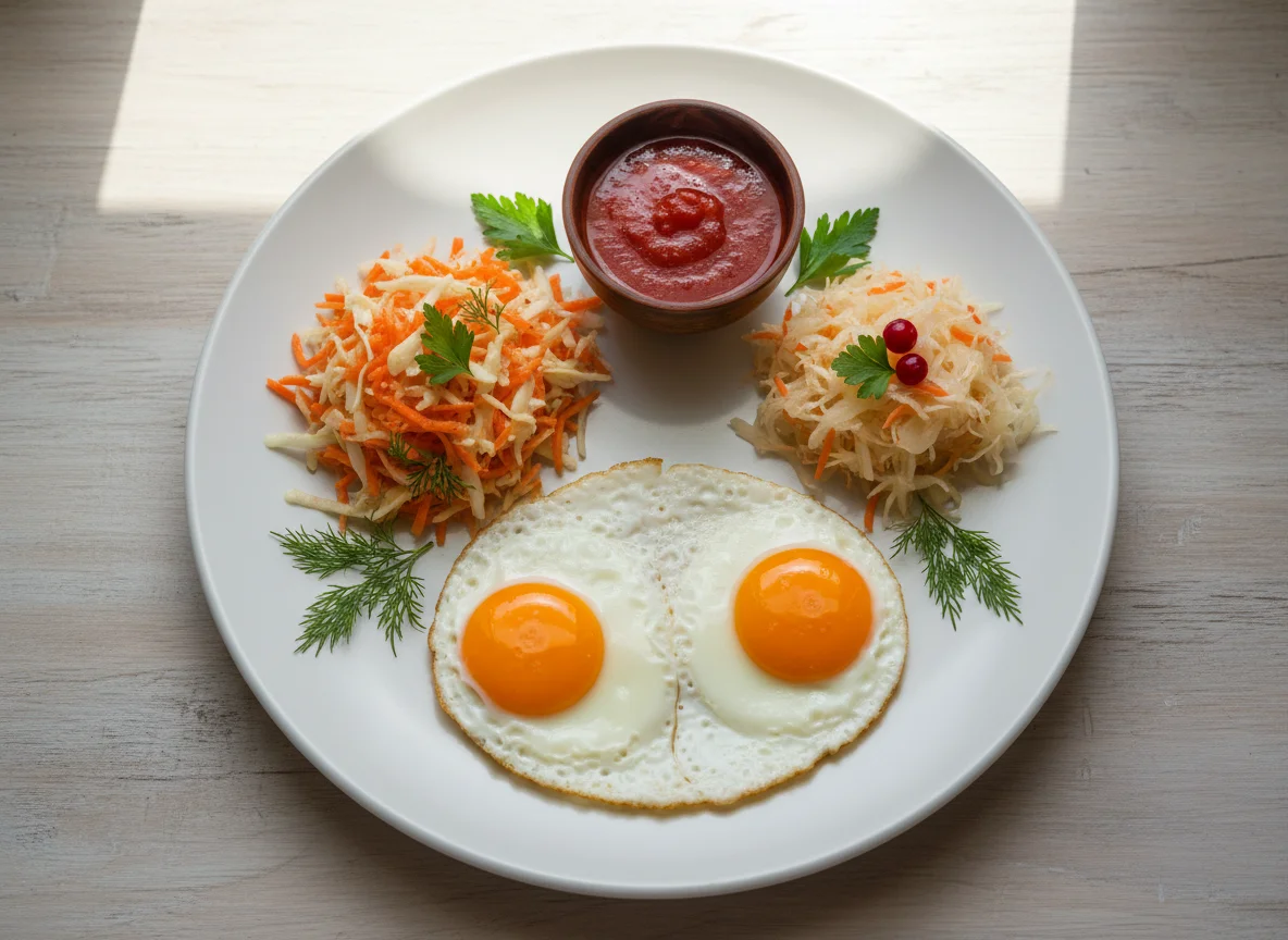 Завтрак с яичницей и салатами photo