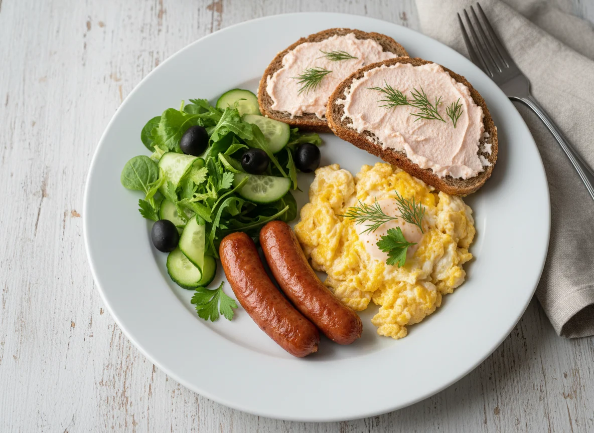 Завтрак с яичницей и салатом photo