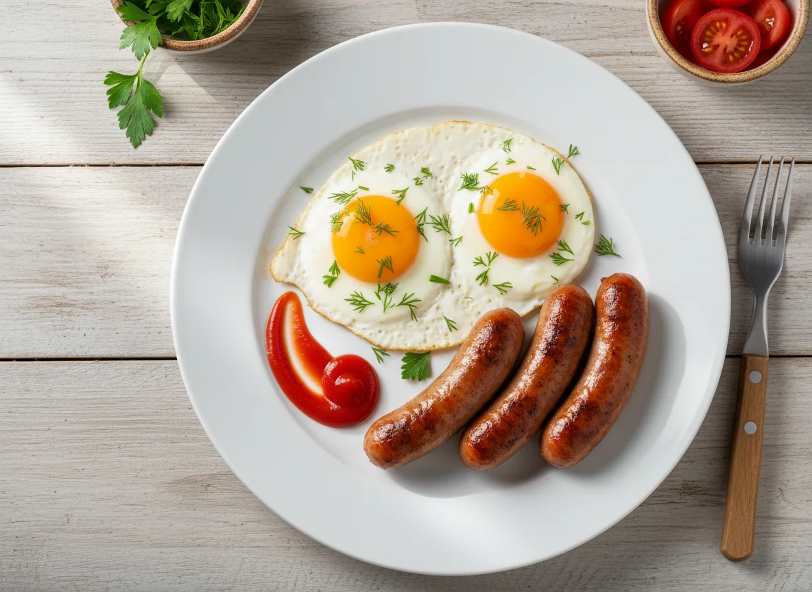Завтрак с яичницей и сосисками photo