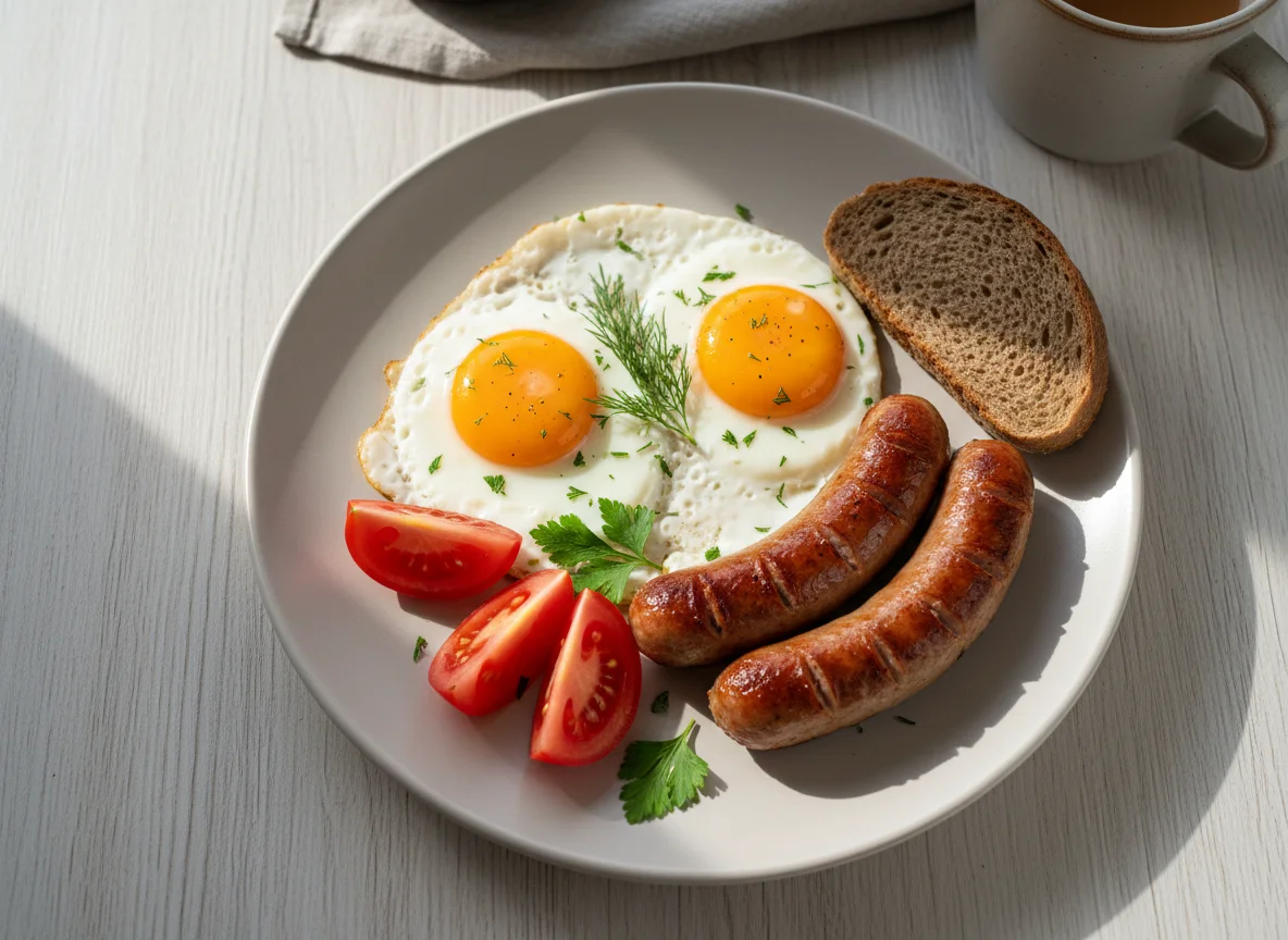 Завтрак с яичницей и сосиской photo