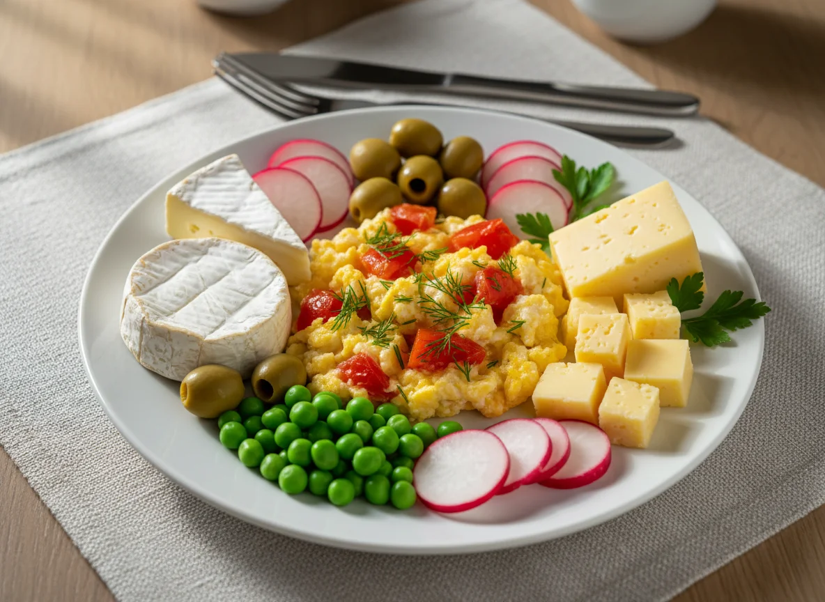 Завтрак с яичницей и сырами photo