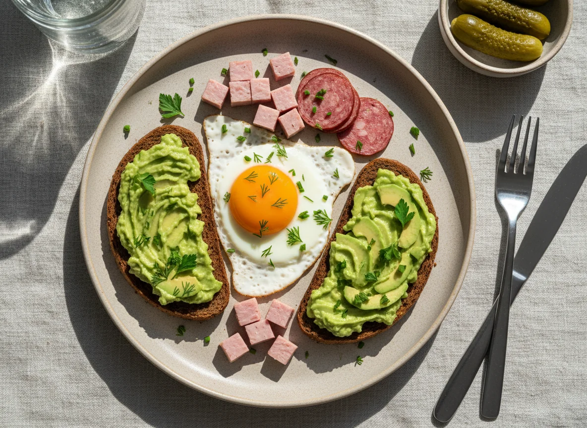 Завтрак с яичницей и тостами с авокадо photo