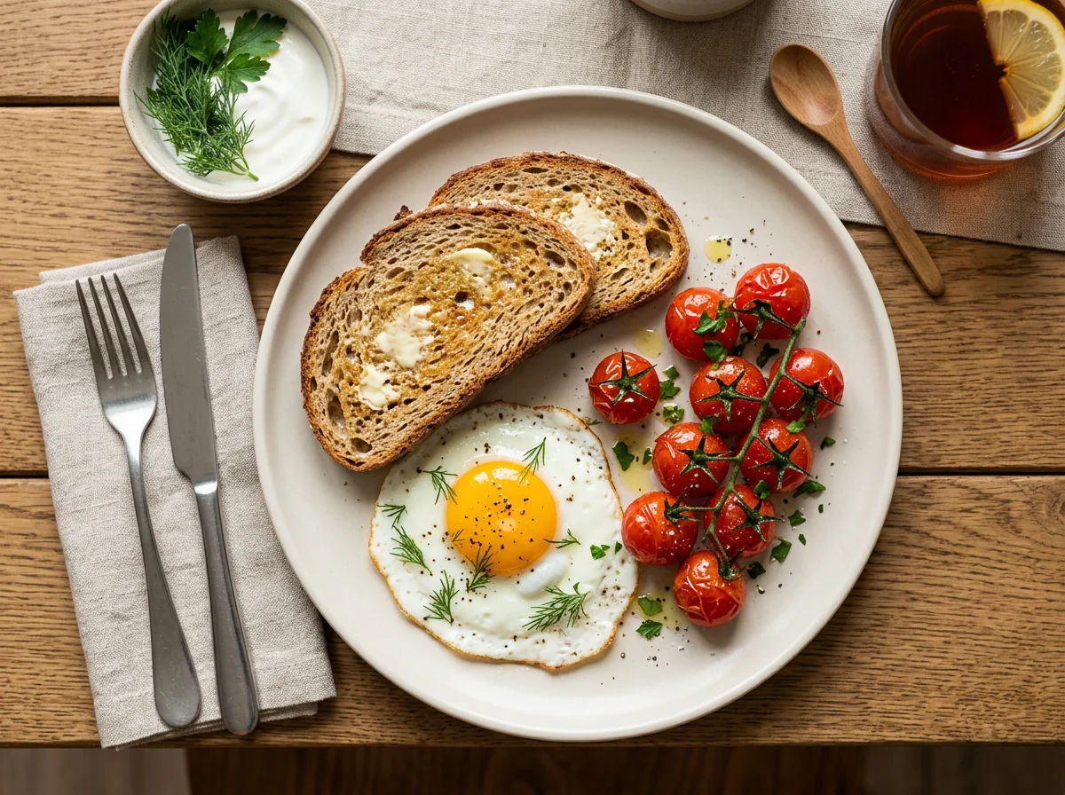 Завтрак с яичницей и тостом photo