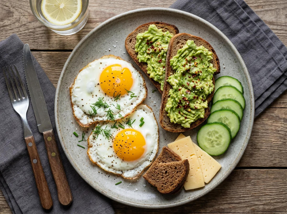 Завтрак с яичницей и тостом с авокадо photo