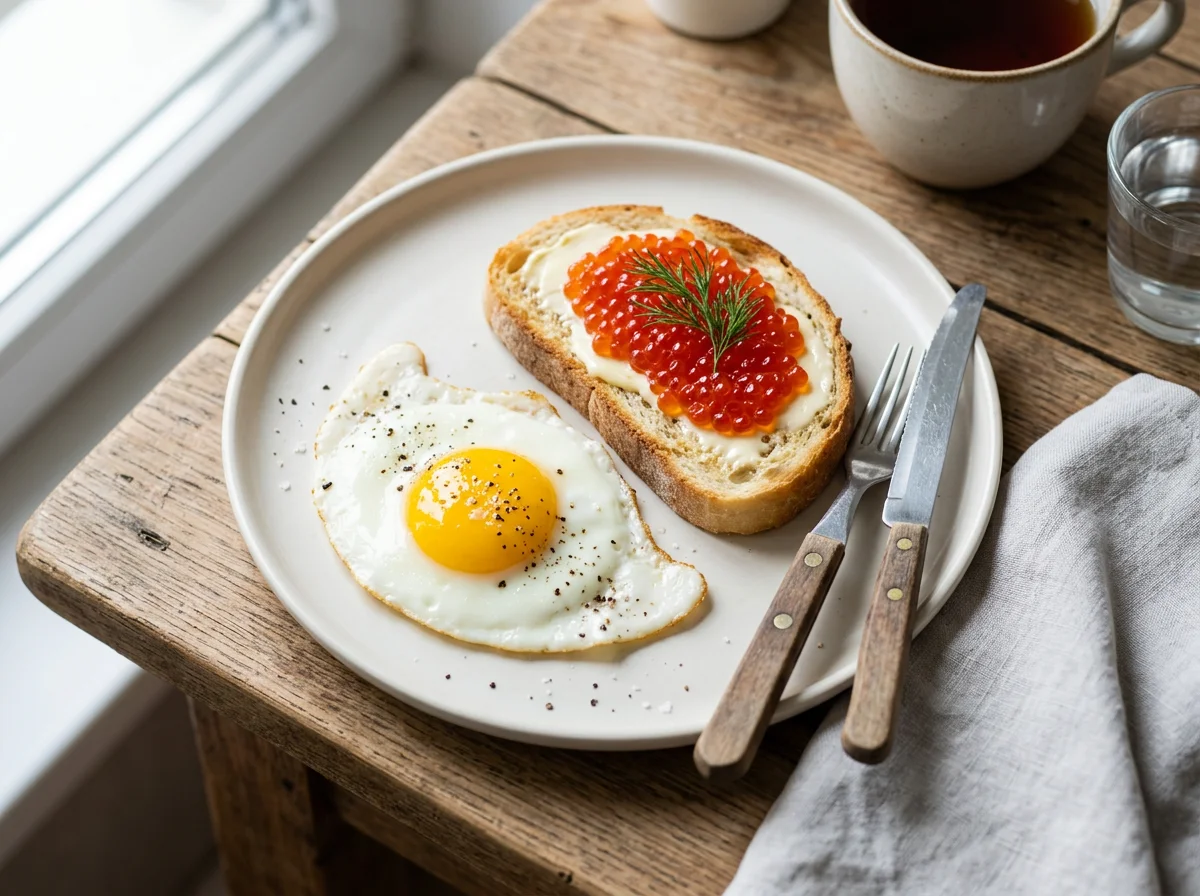 Завтрак с яичницей и тостом с икрой photo