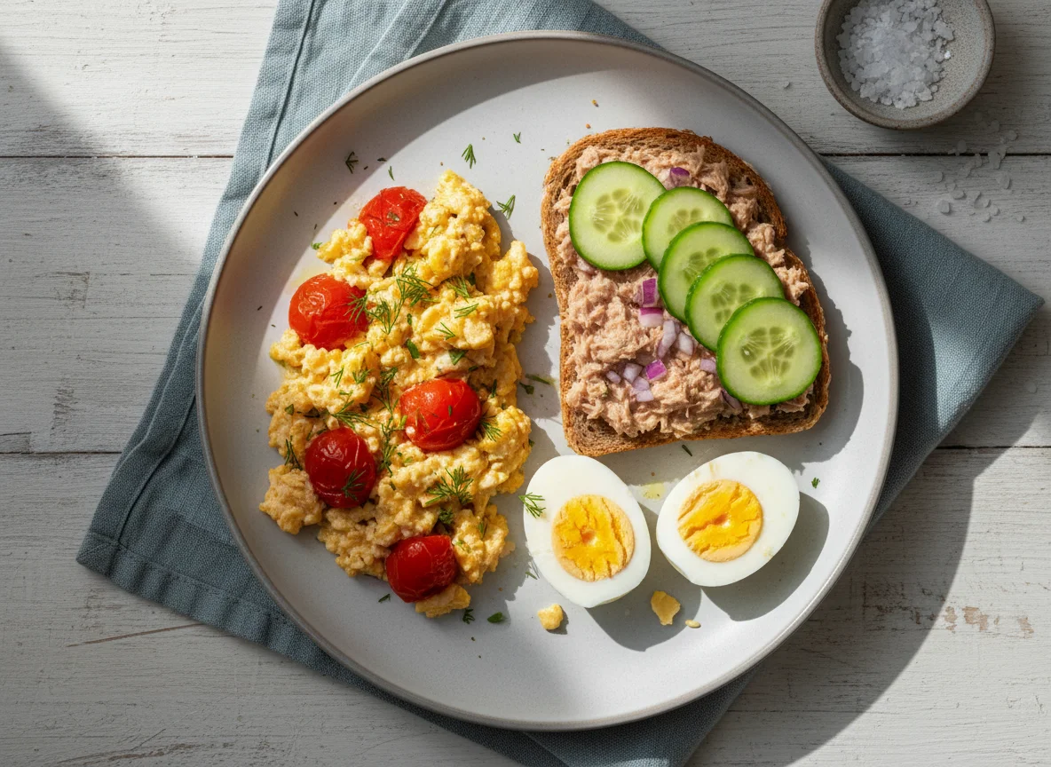 Завтрак с яичницей и тостом с тунцом photo