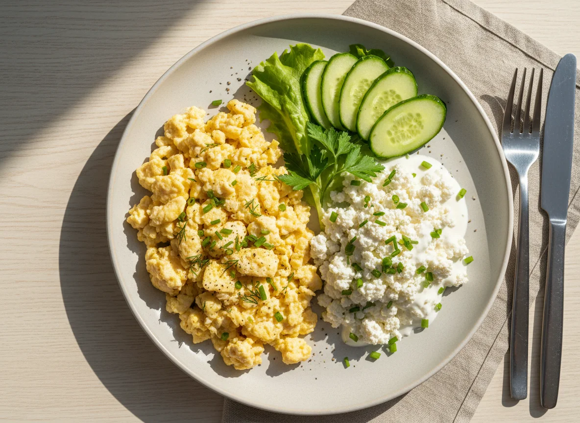 Завтрак с яичницей и творогом photo