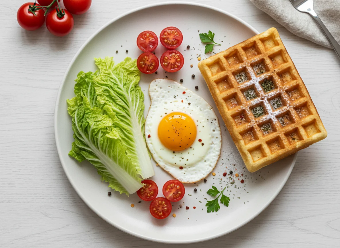 Завтрак с яичницей и вафлей photo