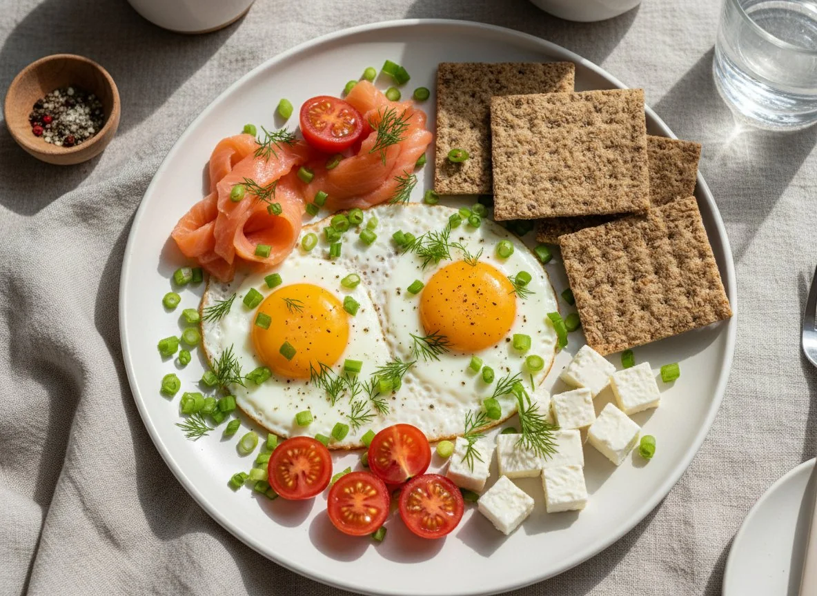 Завтрак с яичницей и закусками photo