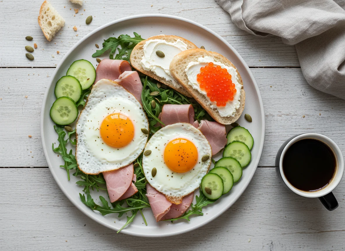 Завтрак с яичницей, икрой и овощами photo