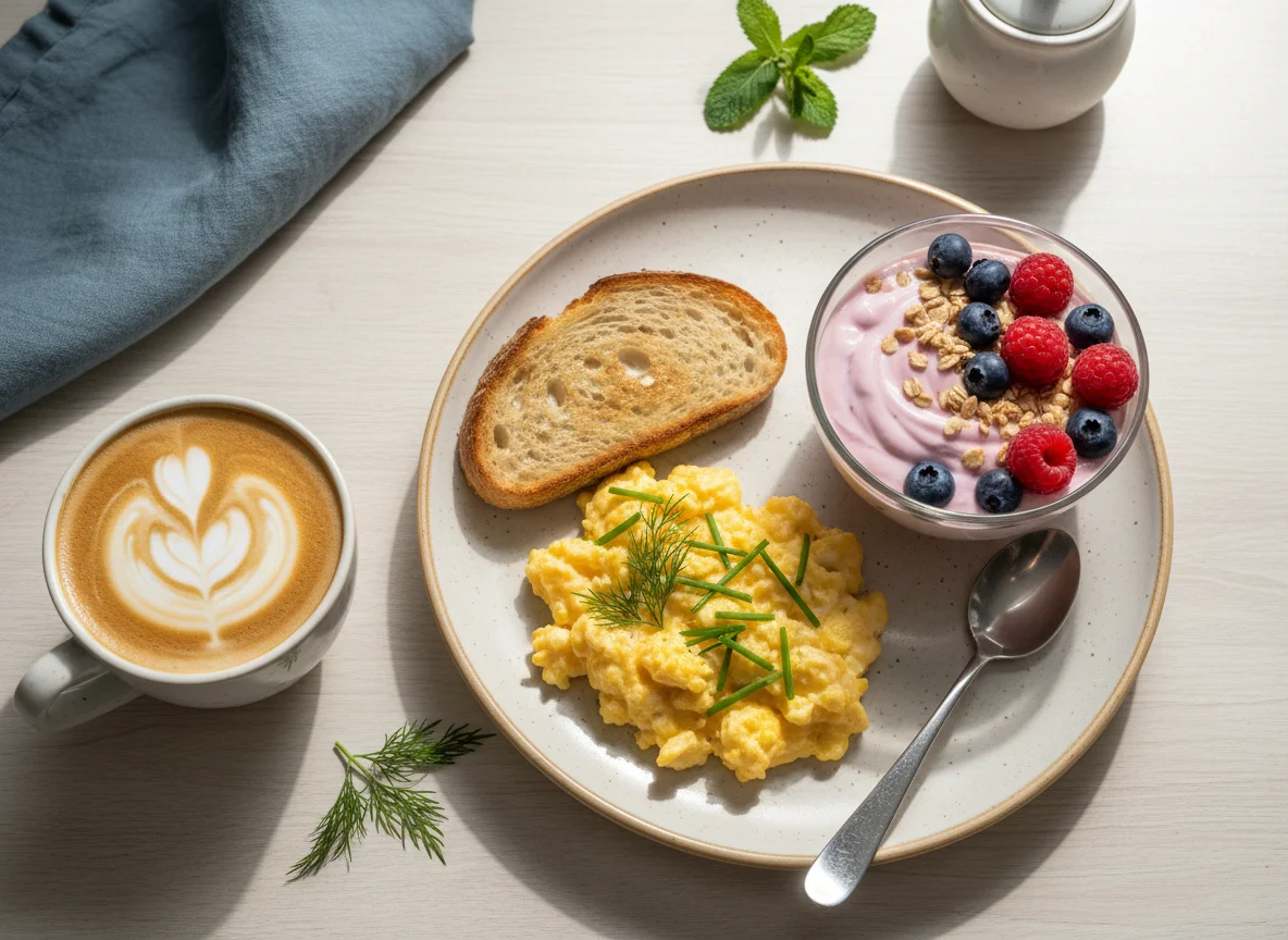 Завтрак с яичницей, йогуртом и кофе photo